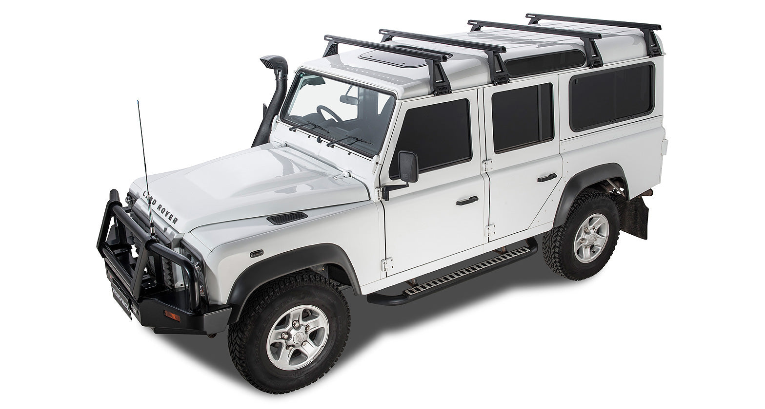 Kit de 4 barres de toit noires RHINO-RACK Heavy Duty 1500mm avec pieds pour Land Rover Defender 110 1993-2020.