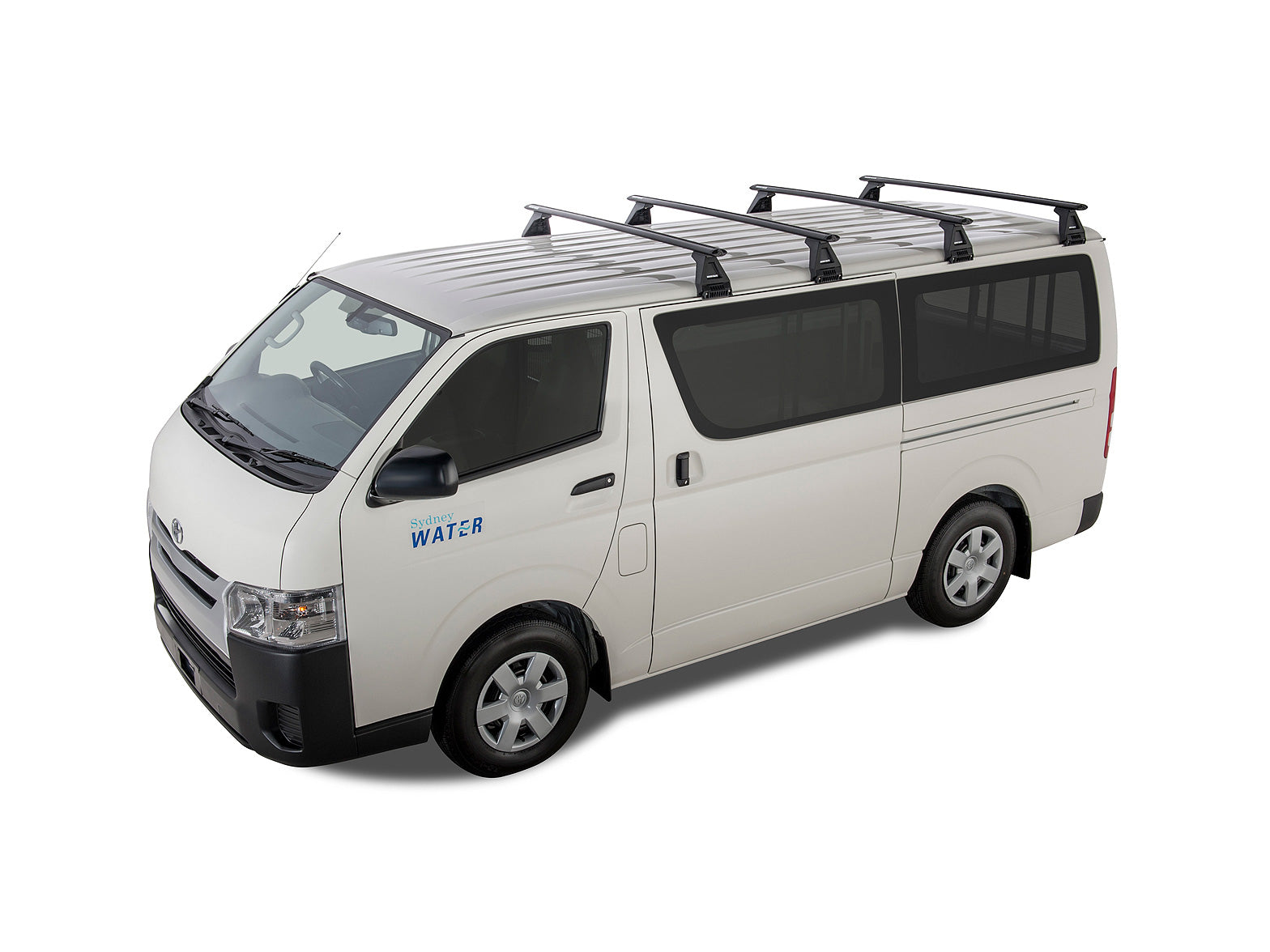 Kit de 4 barres de toit RHINO-RACK Sportz 1500mm pour Toyota Hiace 1989-2019, vue des barres installées sur le toit du véhicule.