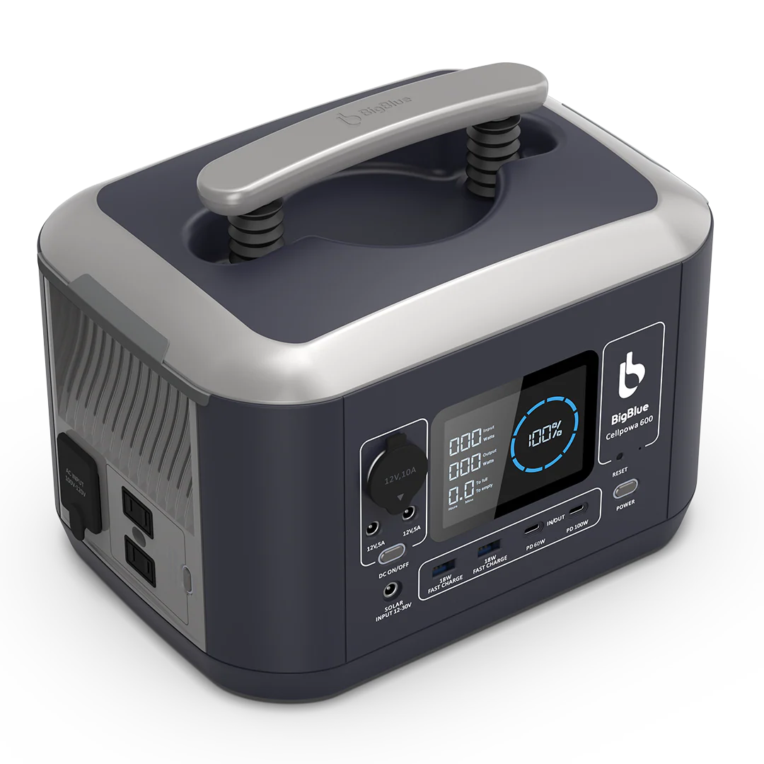 Batterie portable BigBlue CellPowa 600 de Xperts 4x4, 537Wh LiFePO4, 600W, vue de face avec écran et ports.
