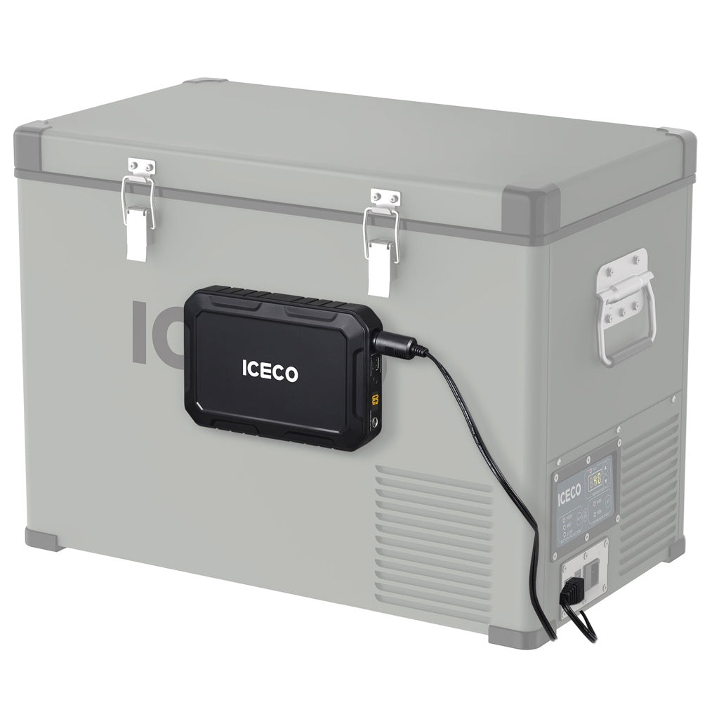 Batterie portable ICECO Magnetic 250Wh pour frigorifique et équipements tech, affichée avec connecteurs et affichage numérique.