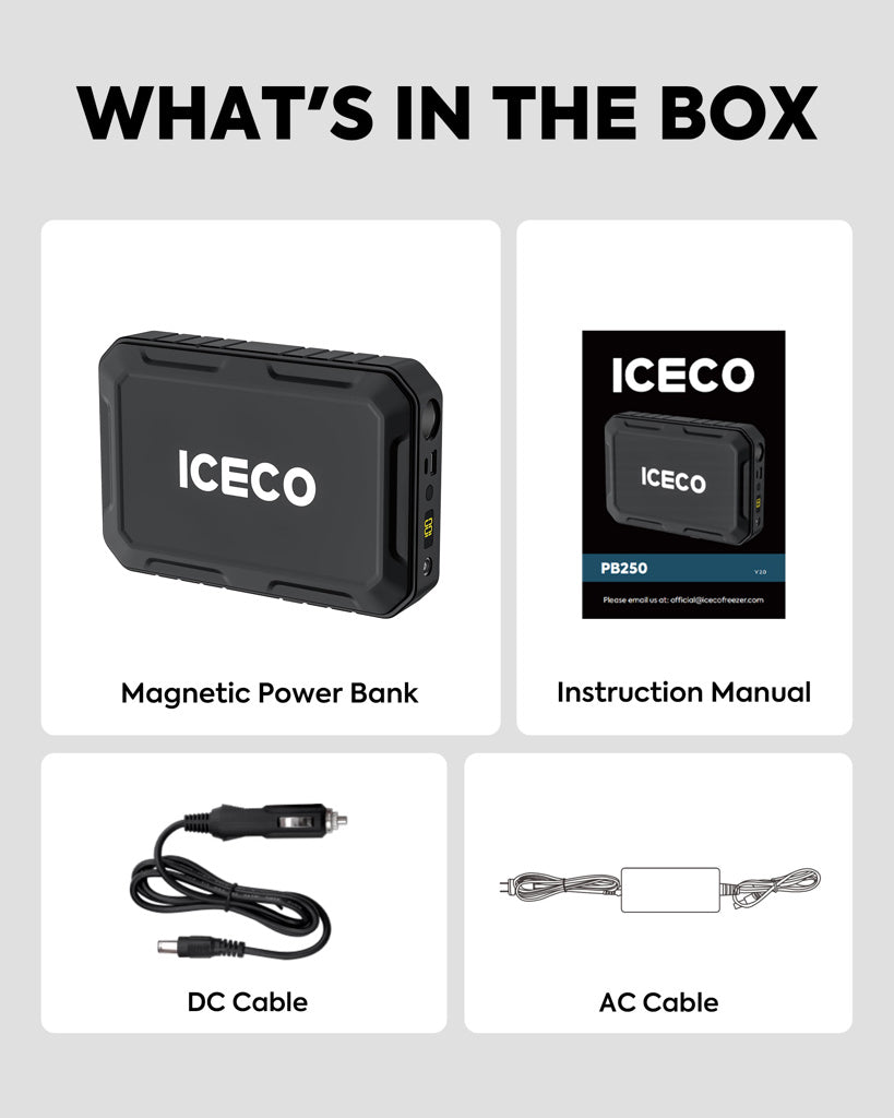Batterie portable ICECO Magnetic 250Wh pour frigo et tech, affichée avec ses connecteurs et design compact.