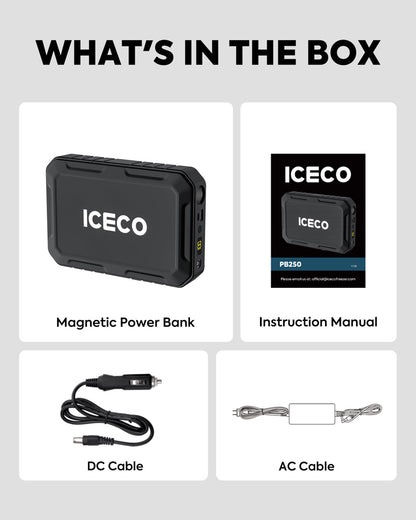 Batterie portable ICECO Magnetic 250Wh pour frigo et tech, affichée avec ses connecteurs et design compact.