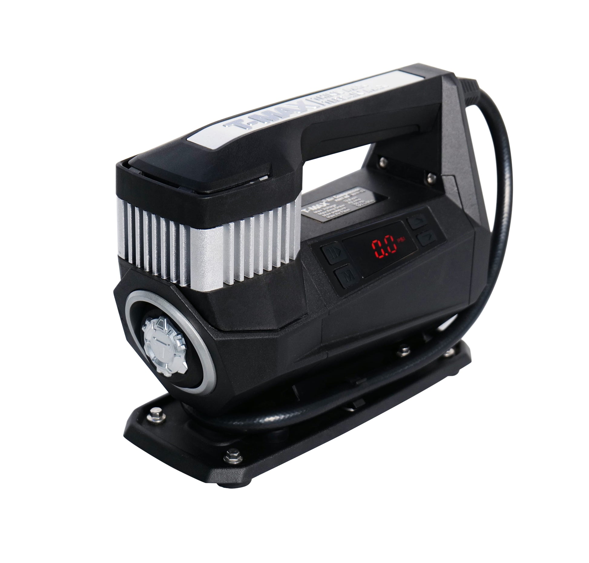 Compresseur T-MAX Storm Pump 150 PSI pour 4x4, image montrant le compresseur portable et ses fonctionnalités essentielles.