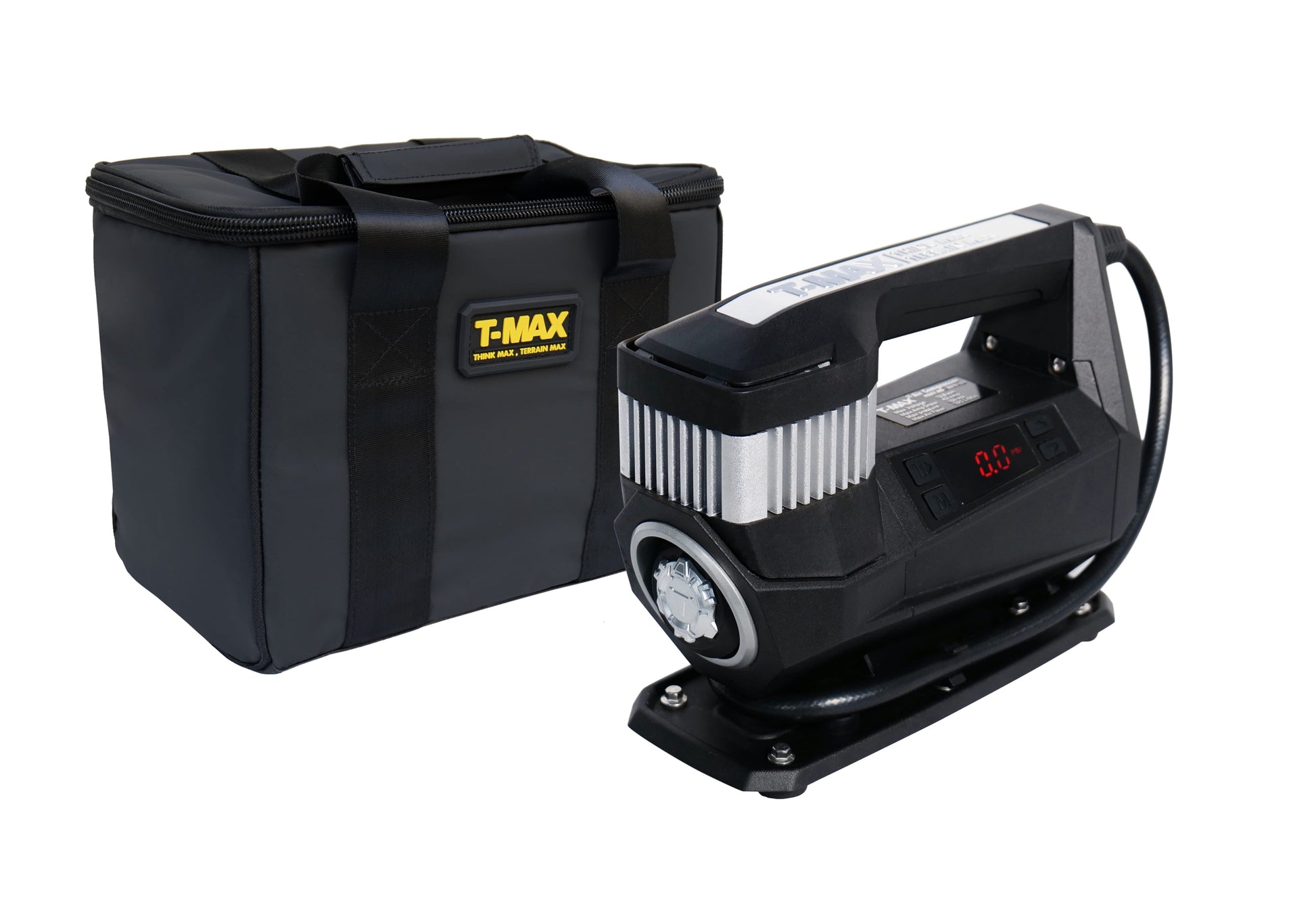 Compresseur T-MAX Storm Pump 150 PSI, compresseur d'air robuste pour 4x4, affiché en image avec accessoires inclus.