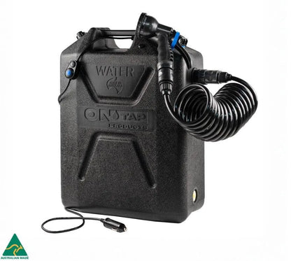 Douche portable ONTAP Black Edition par ARB4x4 avec pommeau et flexible, conçue pour le camping et l’extérieur.