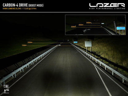 Phare LED compact LAZER LAMPS Carbon-4 Conduite Gén.3 avec fixation latérale, éclairage de conduite pour véhicule tout-terrain.