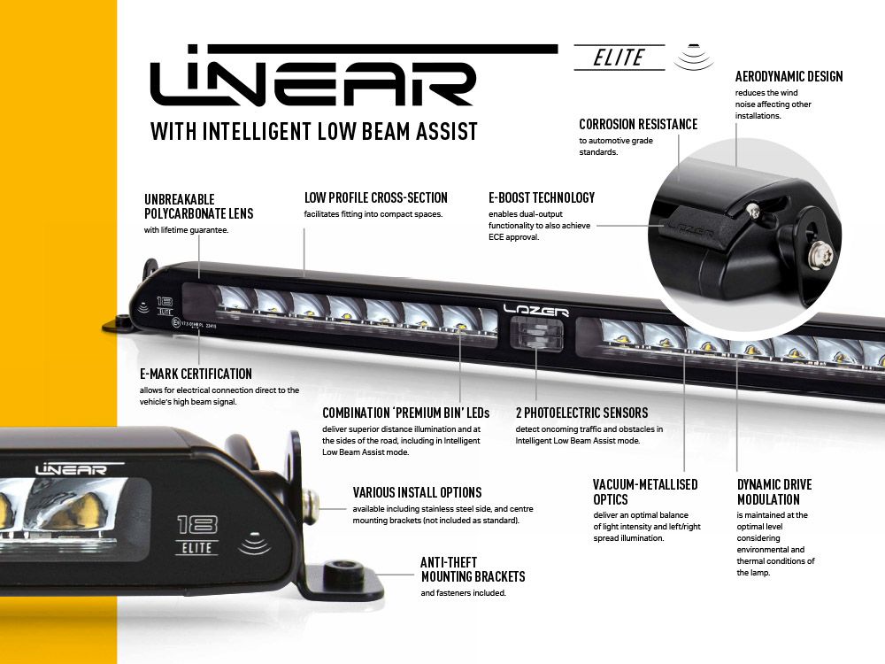Barre d'éclairage LED LAZER LAMPS Linear-18 Elite i-LBA, 18000 lm, pour véhicules tout-terrain, lumière puissante et durable