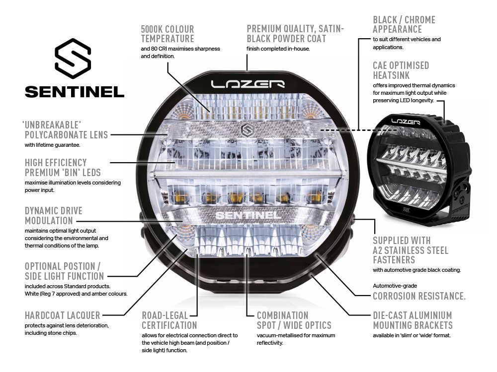 Projecteur LED supplémentaire LAZER LAMPS Sentinel 9 pouces Chrome avec support slim, éclairage LED robuste pour véhicule tout-terrain.