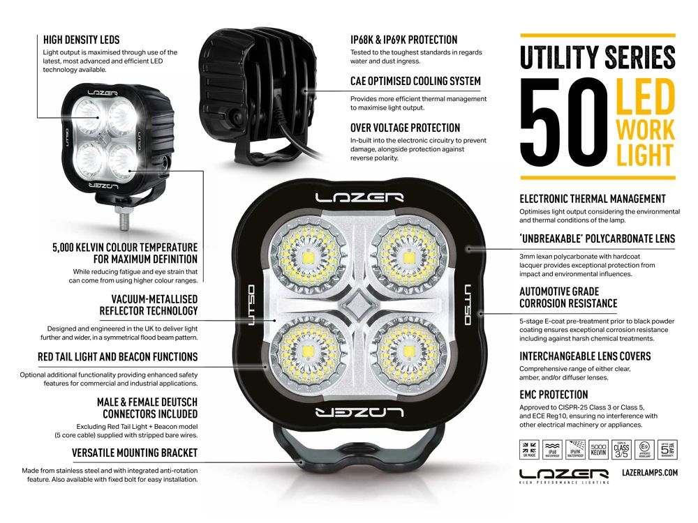 Lampe de travail LED LAZER LAMPS Utility-50 avec balise, phare de travail puissant 5000 lm pour usage professionnel.