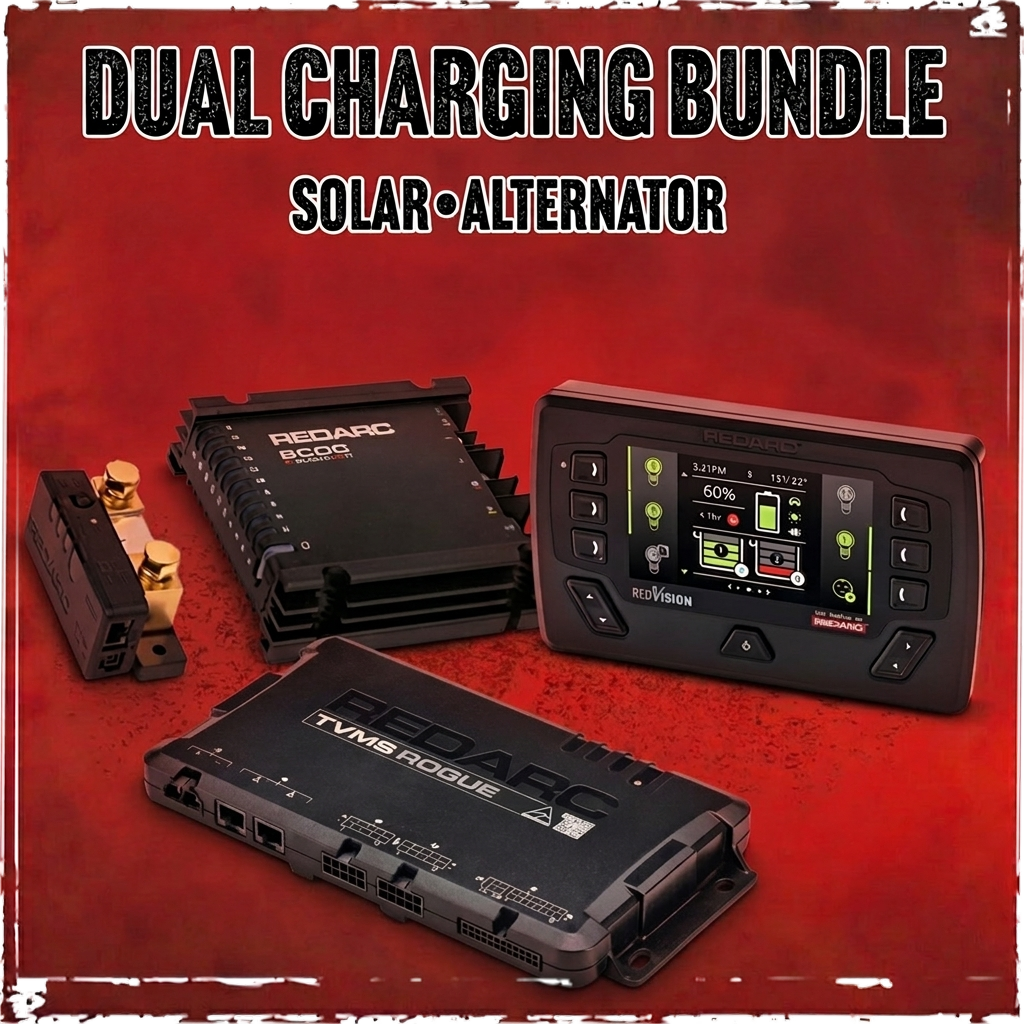 Système de gestion de batterie REDARC SOLI BCDC Alpha50R TVMS Rogue pour énergie et autonomie, avec composants visibles.