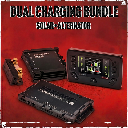 Système de gestion de batterie REDARC SOLI BCDC Alpha50R TVMS Rogue pour énergie et autonomie, avec composants visibles.