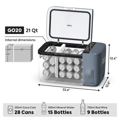 Frigo congélateur ICECO GO20 Dual-Zone gris, accessoire pour 4x4, capacité de refroidissement double zone, design robuste.