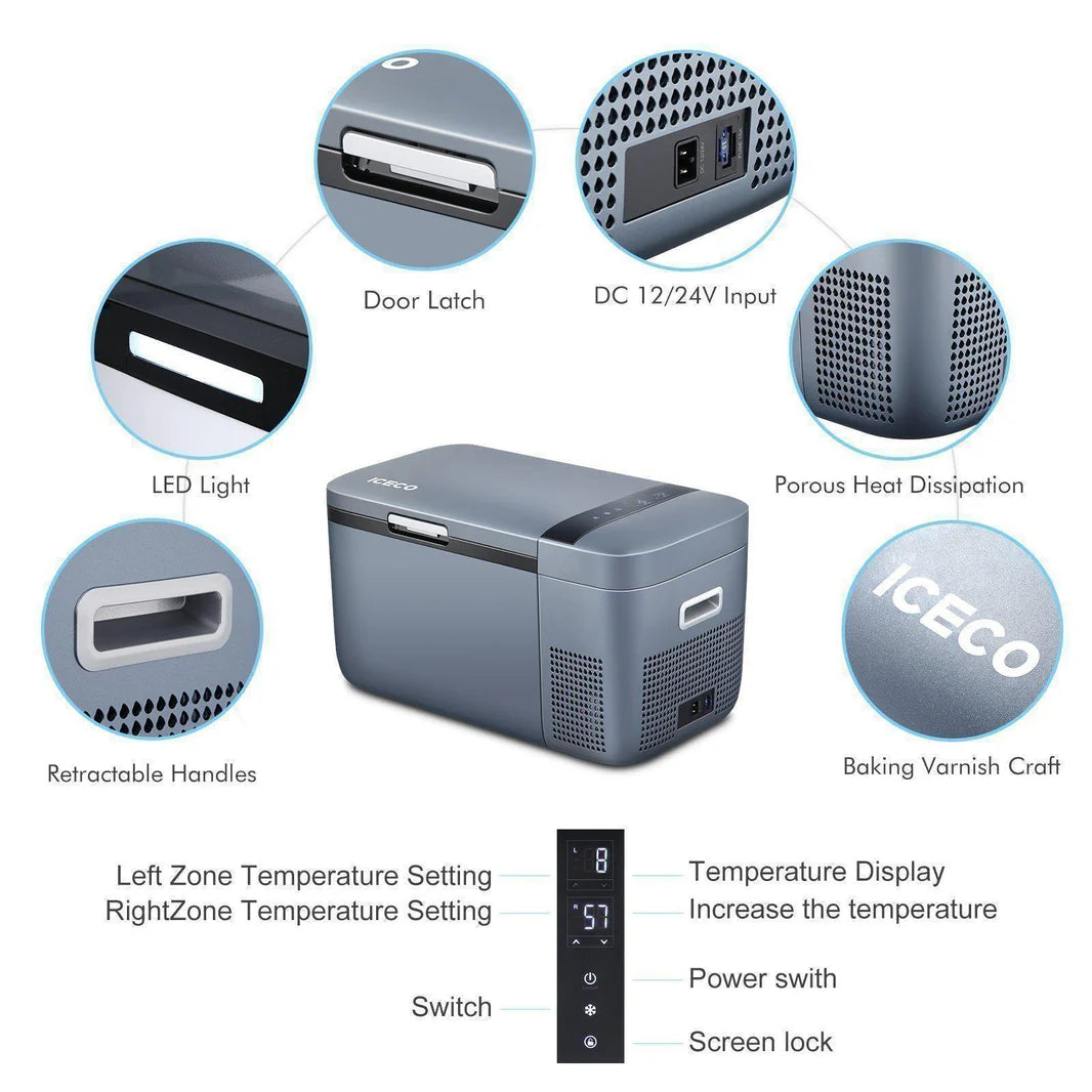 Frigo congélateur ICECO GO20 Dual-Zone gris pour véhicule 4x4, capacité de conservation et autonomie élevée.
