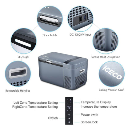 Frigo congélateur ICECO GO20 Dual-Zone gris pour véhicule 4x4, capacité de conservation et autonomie élevée.