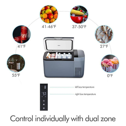 Frigo congélateur ICECO GO20 Dual-Zone gris pour véhicules 4x4, avec compartiments de stockage et autonomie robuste.