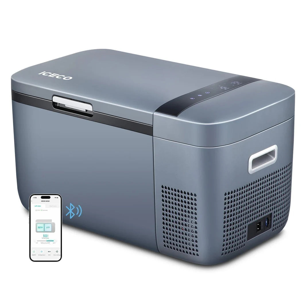 Frigo congelateur ICECO GO20 Dual-Zone gris pour véhicules 4x4, avec double zone de refroidissement et autonomie longue.