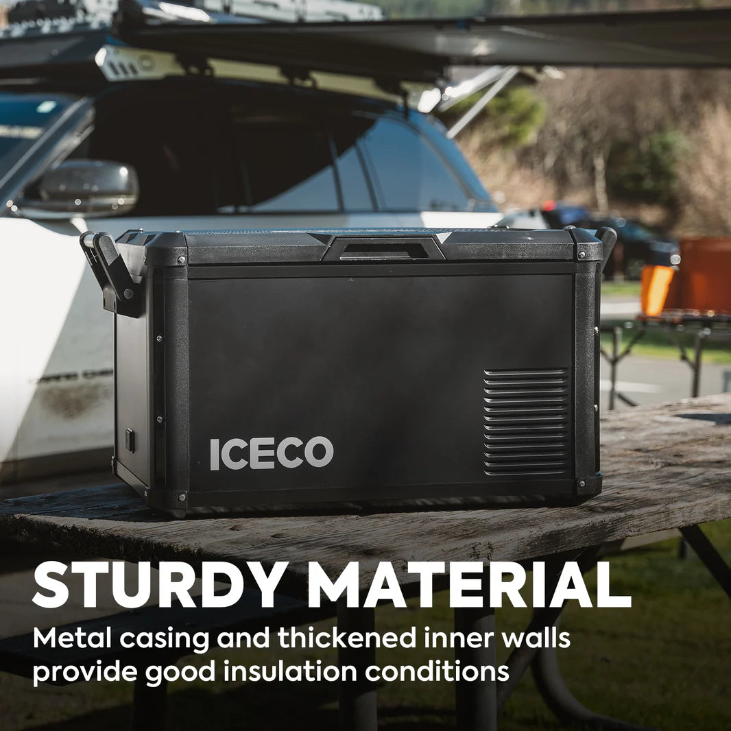Glacière ICECO VL35ProS 35L portable pour 4x4, frigo de compression et accessoires pour voyage off-road, en extérieur.