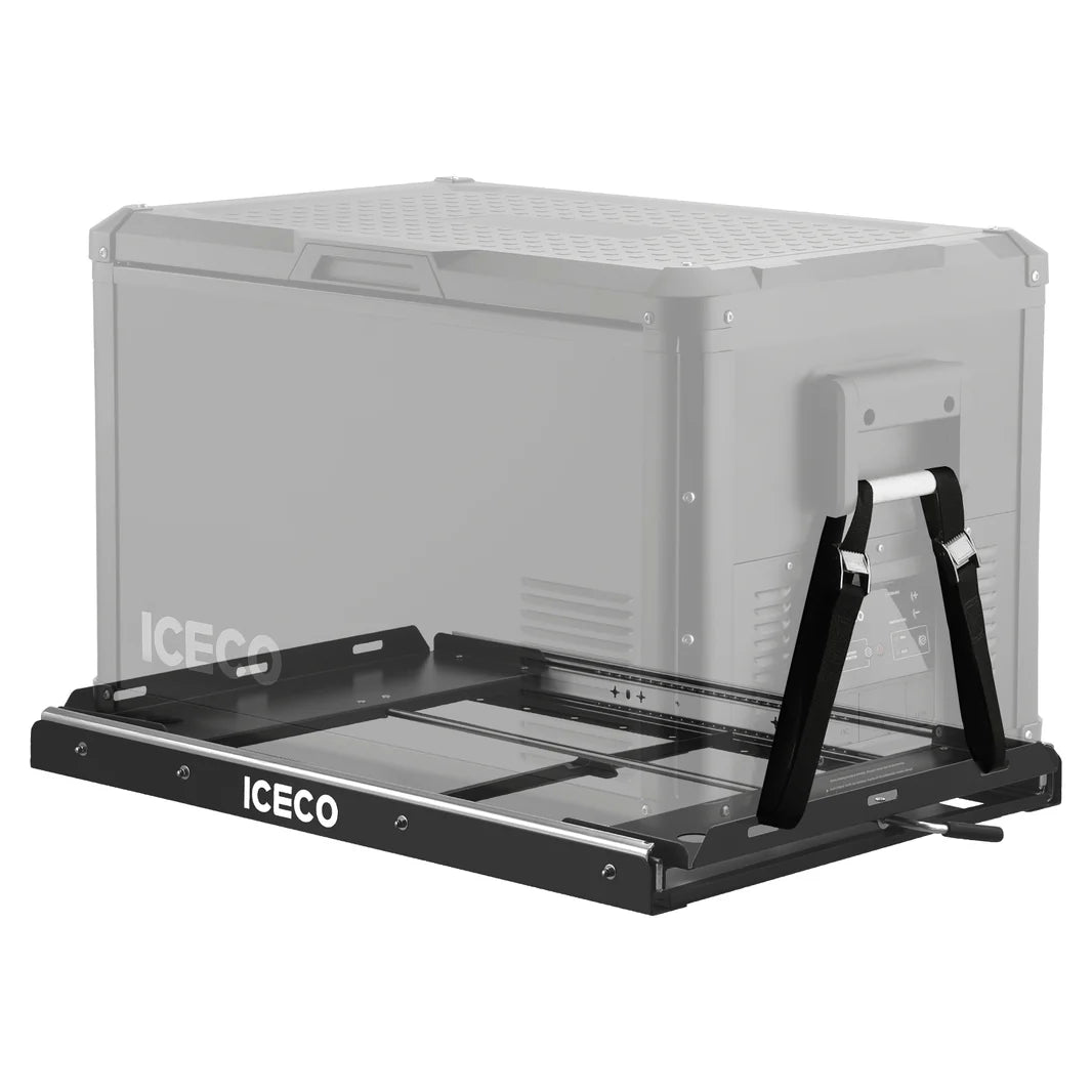 Plateau coulissant ICECO Heavy-Duty pour frigo avec sécurité et accès facile, installé dans un véhicule tout-terrain.