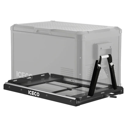 Plateau coulissant ICECO Heavy-Duty pour frigo avec sécurité et accès facile, installé dans un véhicule tout-terrain.