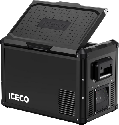Réfrigérateur/congélateur ICECO 45L noir avec double compartiment, pour camping et outdoor, vue de face.