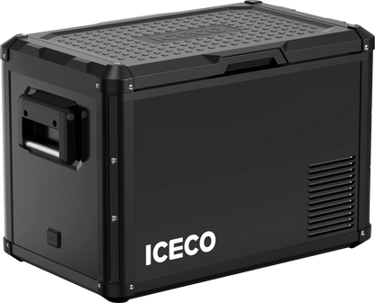 Réfrigérateur ICECO 45L avec double compartiment en noir, accessible et pratique pour le camping ou les voyages.