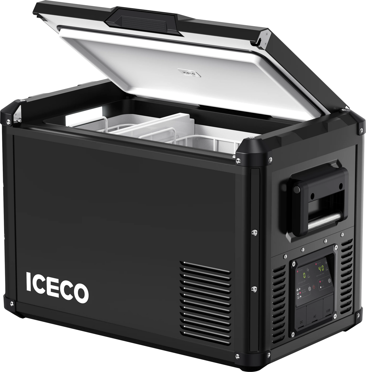 Réfrigérateur ICECO 45L avec double compartiment en noir, pour camping et voyages, stockage froid efficace et pratique.