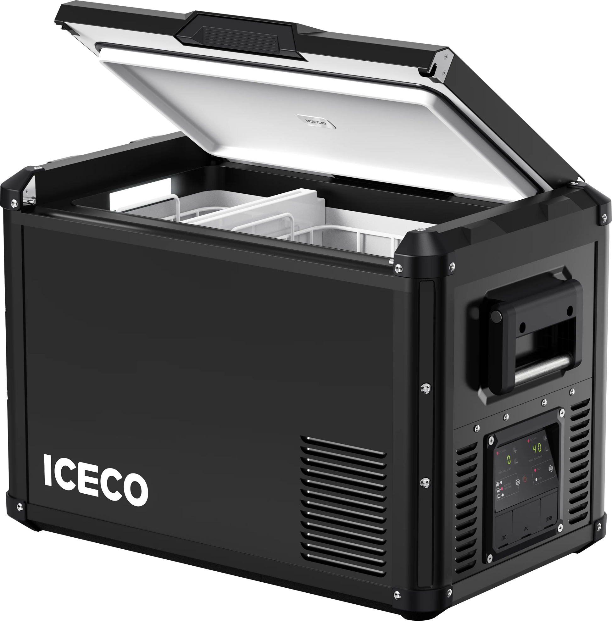 Réfrigérateur ICECO 45L avec double compartiment en noir, pour camping et voyages, stockage froid efficace et pratique.