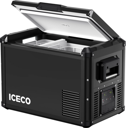 Réfrigérateur ICECO 45L avec double compartiment en noir, pour camping et voyages, stockage froid efficace et pratique.