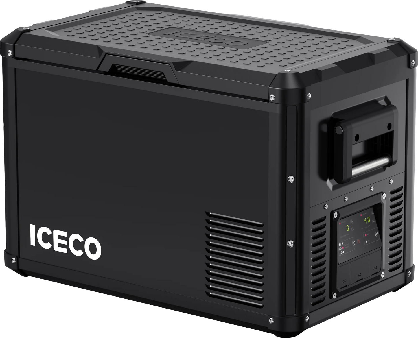 Réfrigérateur/congélateur ICECO 45L noir avec double compartiments, compact et pratique pour l'extérieur ou le camping.