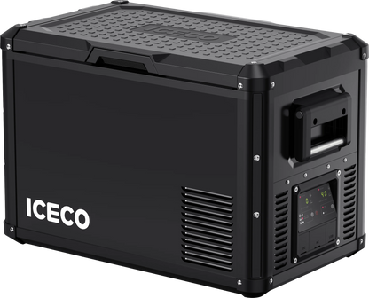 Réfrigérateur/congélateur ICECO 45L noir avec double compartiments, compact et pratique pour l'extérieur ou le camping.