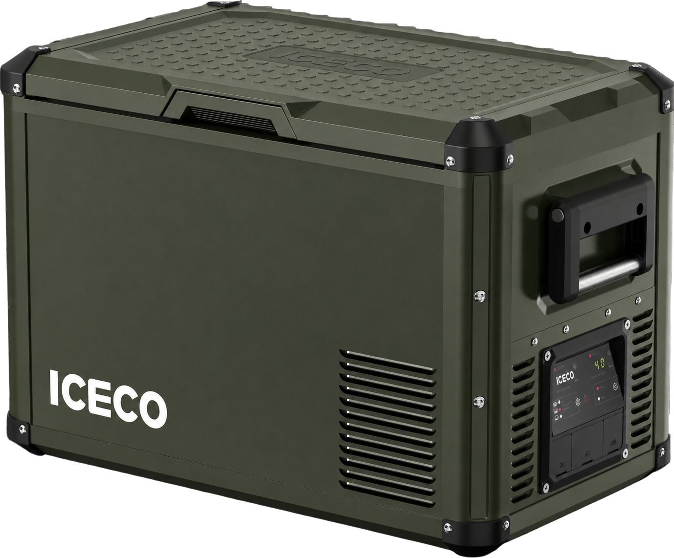 Réfrigérateur ICECO 45L double compartiments en vert olive, pour camping et activités extérieures.
