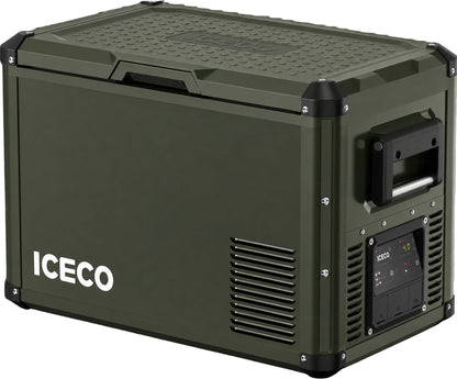 Réfrigérateur ICECO 45L double compartiments en vert olive, pour camping et activités extérieures.