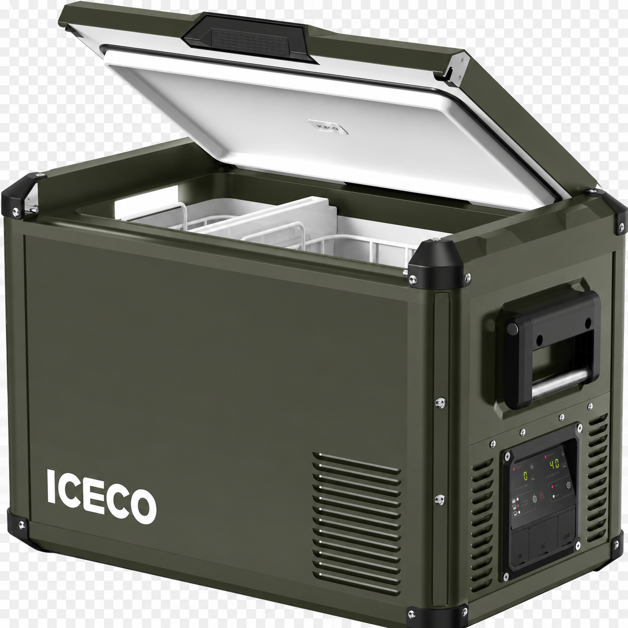 Réfrigérateur ICECO 45L double compartiment en vert olive, pour conservation alimentaire et accessoires pour véhicule.