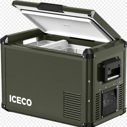 Réfrigérateur ICECO 45L double compartiment en vert olive, pour conservation alimentaire et accessoires pour véhicule.