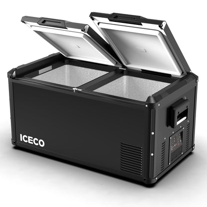Réfrigérateur ICECO 90L avec double compartiment en noir, appareil de refroidissement et de congélation pour véhicule.