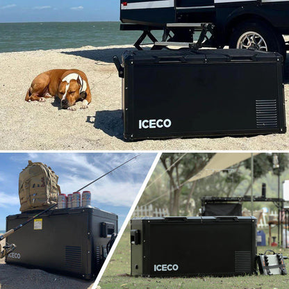 Réfrigérateur/congélateur ICECO 90L noir avec double compartiment, pour stockage alimentaire et accessoires, vue de face.