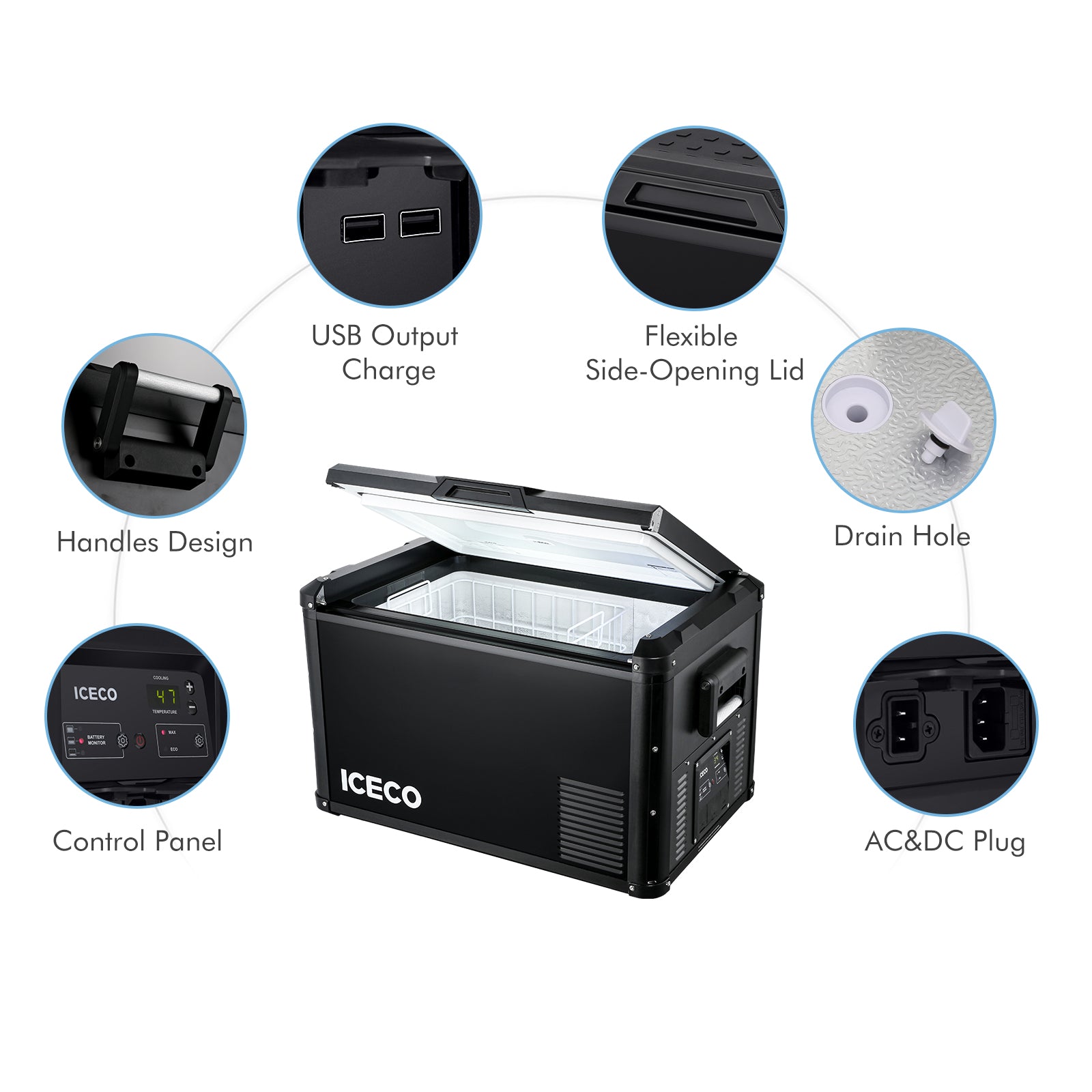 Réfrigérateur congélateur ICECO VL60PROS 60L gris, appareil compact pour conservation froide, vue de face avec poignée.