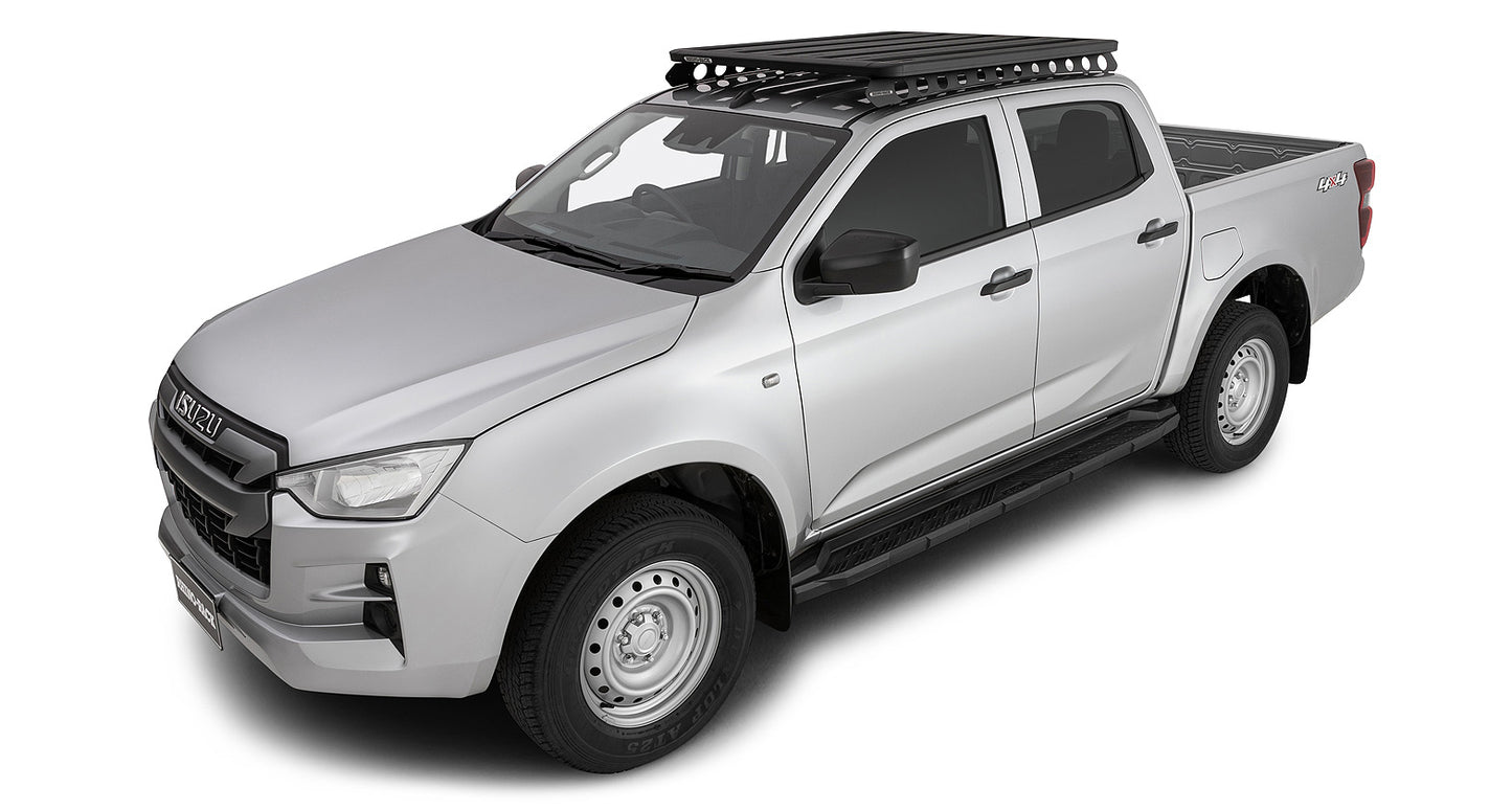 Kit galerie de toit Pioneer et Backbone de RHINO-RACK pour Isuzu D-Max N60 Double Cab 2020, vue de côté avec galerie installée