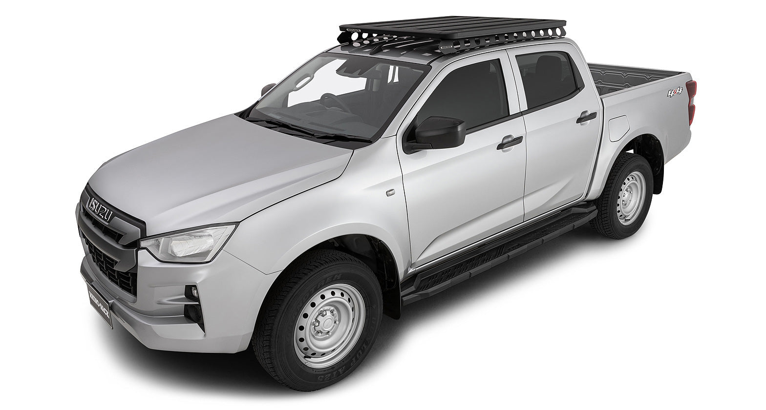 Kit galerie de toit Pioneer et Backbone de RHINO-RACK pour Isuzu D-Max N60 Double Cab 2020, vue de côté avec galerie installée