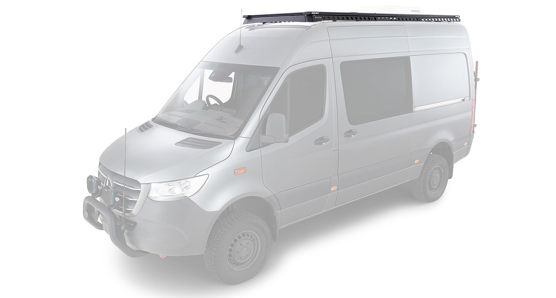 Galerie de toit Rhino-Rack Backbone pour Mercedes Sprinter W906 W907 4x4, support robuste pour accessoires de chargement.