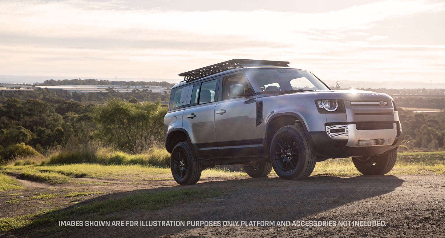 Galerie de toit RHINO-RACK Pioneer pour Land Rover Defender II 110 L663 2020+ vue de côté, robuste et adaptée au véhicule.
