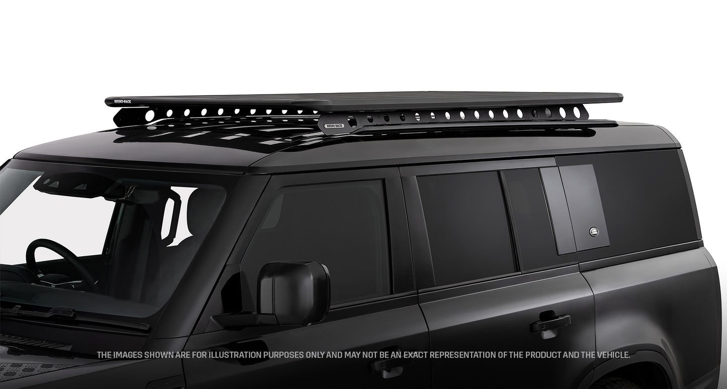 Galerie de toit Rhino-Rack Pioneer 6 pour Land Rover Defender II 130, 2100x1240mm, structure Backbone, vue de face.