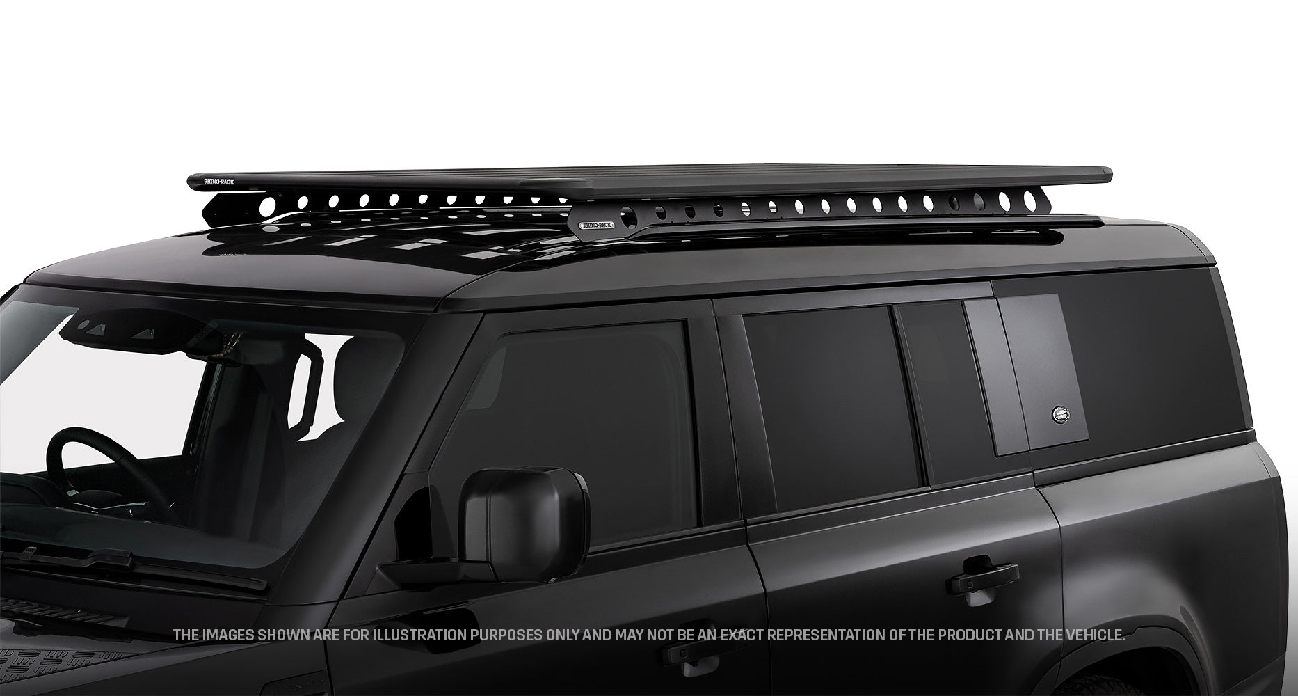 Galerie de toit Rhino-Rack Pioneer 6 pour Land Rover Defender II 130, 2100x1240mm, structure Backbone, vue de face.