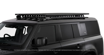 Galerie de toit Rhino-Rack Pioneer 6 pour Land Rover Defender II 130, 2100x1240mm, structure Backbone, vue de face.