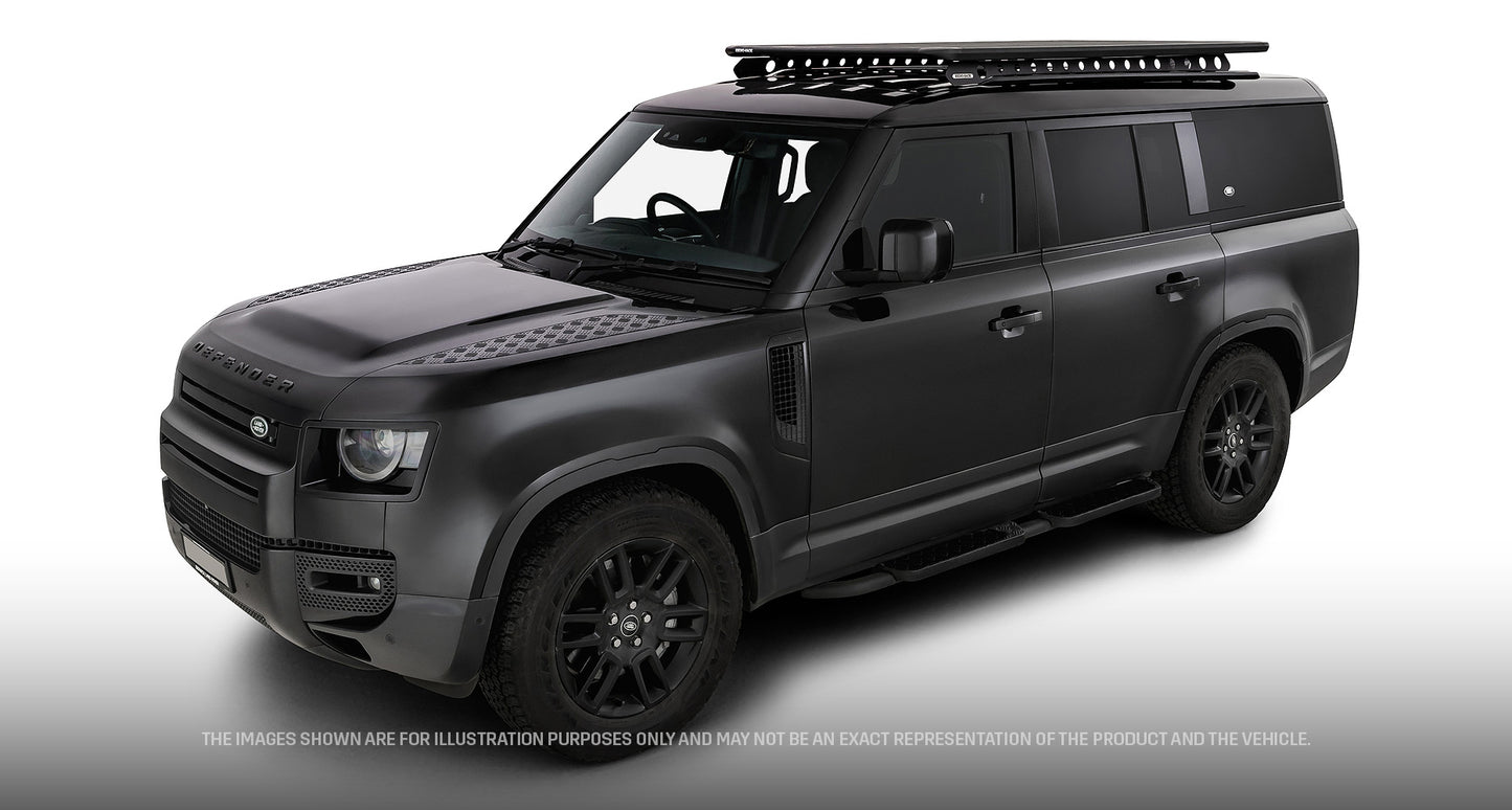 Galerie de toit Rhino-Rack Pioneer 6 pour Land Rover Defender II 130, structure robuste en acier, fixation solide, dimensions 2100x1240mm.