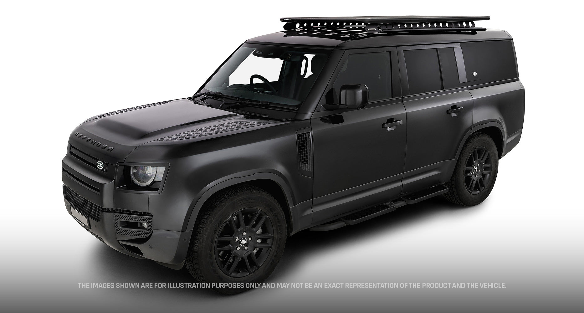 Galerie de toit Rhino-Rack Pioneer 6 pour Land Rover Defender II 130, structure robuste en acier, fixation solide, dimensions 2100x1240mm.