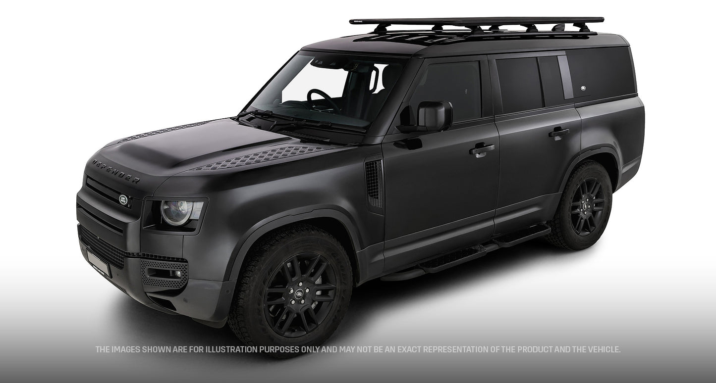 Galerie de toit Rhino-Rack Pioneer 6 pour Land Rover Defender II, 2100x1240mm, avec pieds RCL, vue de face.