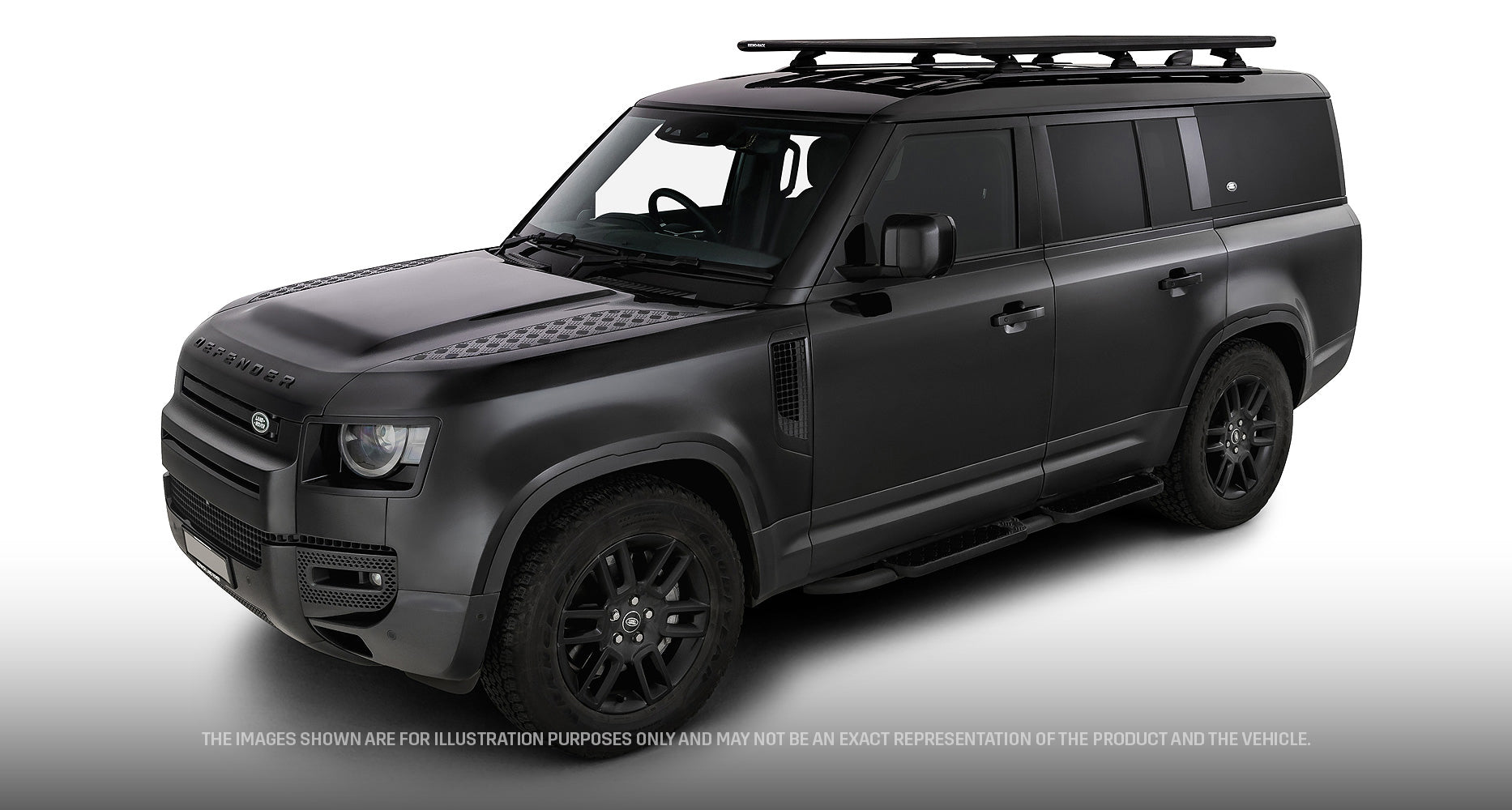 Galerie de toit Rhino-Rack Pioneer 6 pour Land Rover Defender II, 2100x1240mm, avec pieds RCL, vue de face.