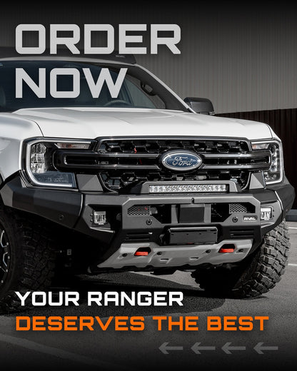 Pare-choc avant GEN2 RIVAL en aluminium pour Ford Ranger 2023+, robuste et résistant, installé sur un Ford Ranger moderne.