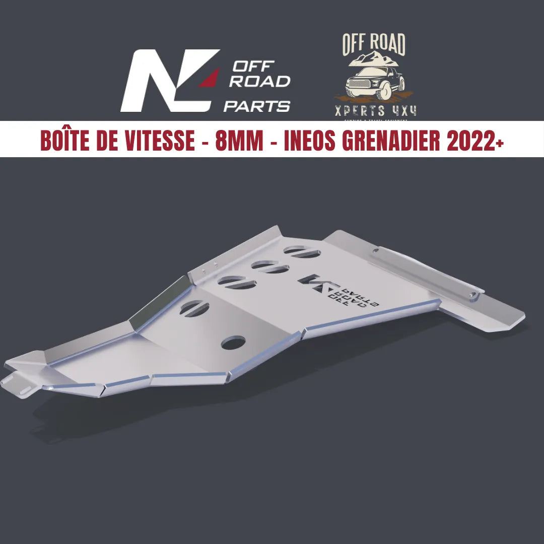Protection inférieure pour boîte de vitesses Ineos Grenadier 2023 en aluminium 8mm, marque N4 OFFROAD, robuste et résistante.
